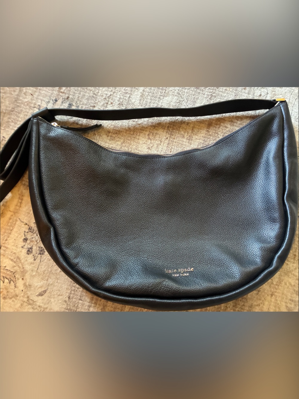 kate spade Black Pebbled Nova Crescent Shoulder Bag with Gold Logo xtra large